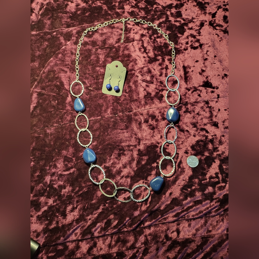 (New) Blue And Silver Oval Necklace With Your Choice Of Earrings